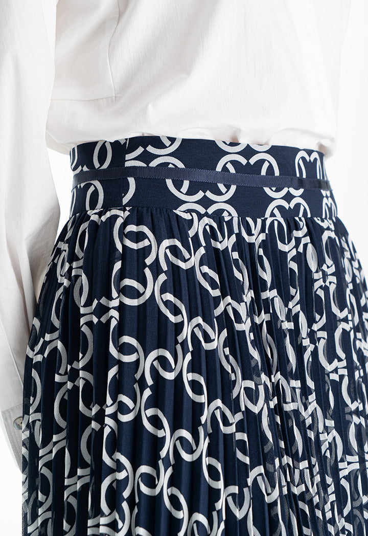 Choice Monogram Pleated Flared Skirt Navy