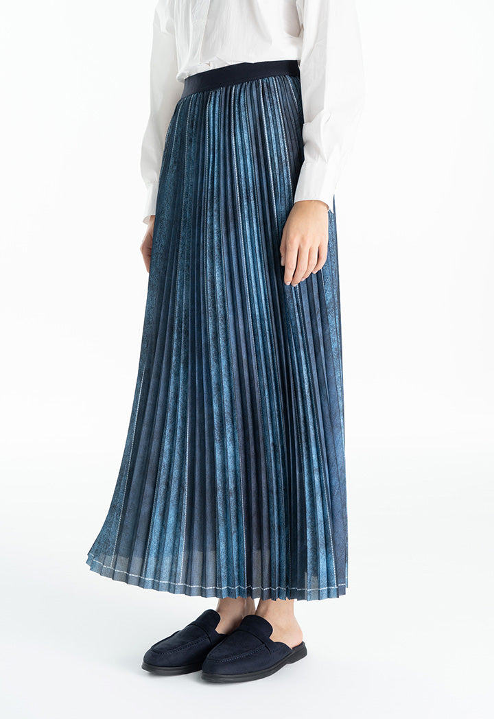 Choice Textured Printed Pleated Skirt Navy