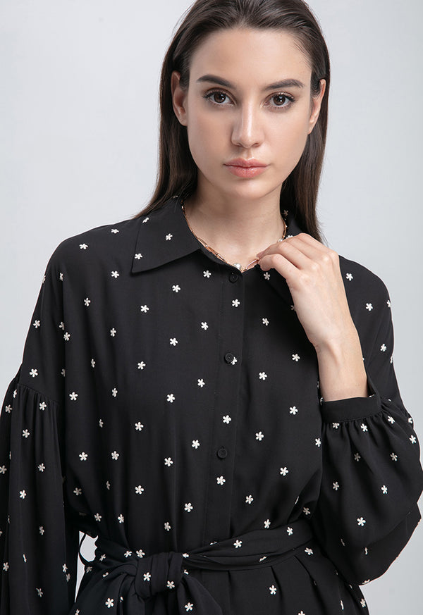 Choice Flower Embroidered Georgette Button Down Blouse Black