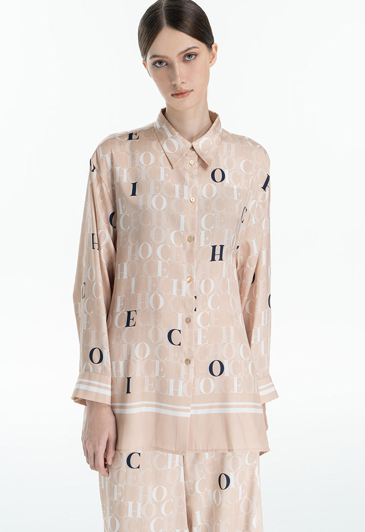 Choice Contrast Text Printed Shirt Beige