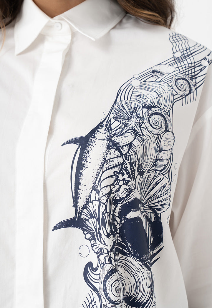 Choice Fish Printed Long Sleeves Shirt Off White
