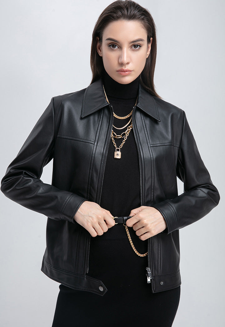 Choice Faux Leather Two-Way Zipper Jacket Black