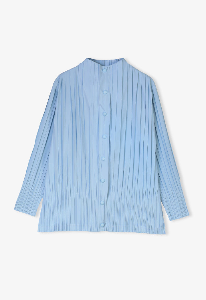 Choice Solid Pleated Snap Buttons Jacket  Blue