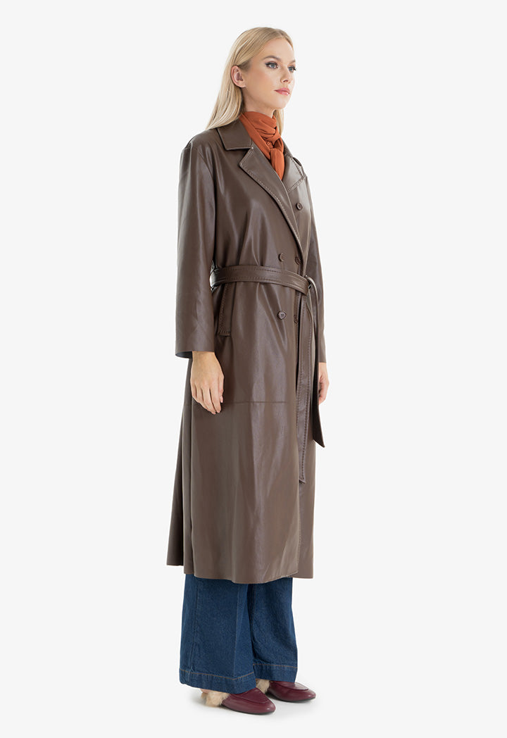 Choice Synthetic Leather Trench Coat Brown