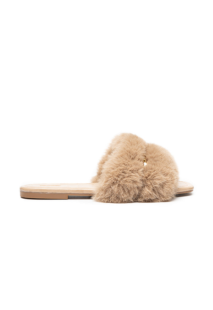 Choice Fluffy Faux Fur Chain Sandal Beige