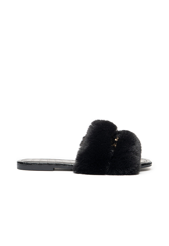 Choice Fluffy Faux Fur Chain Sandal Black