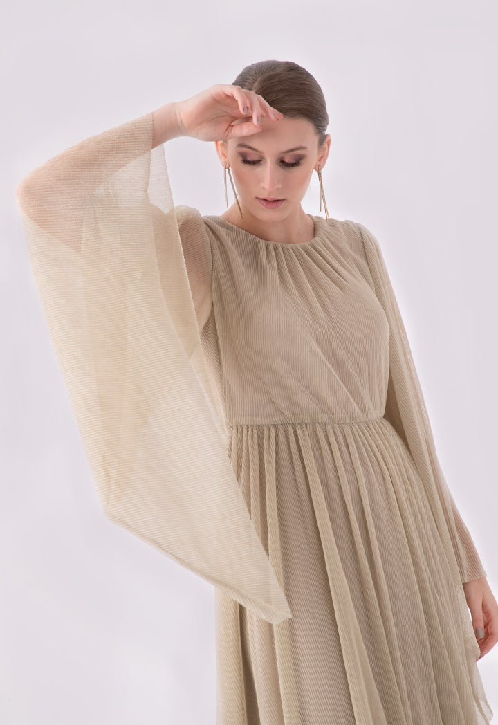 Choice Shirred Waist Angel Sleeve Lurex Maxi Dress Beige