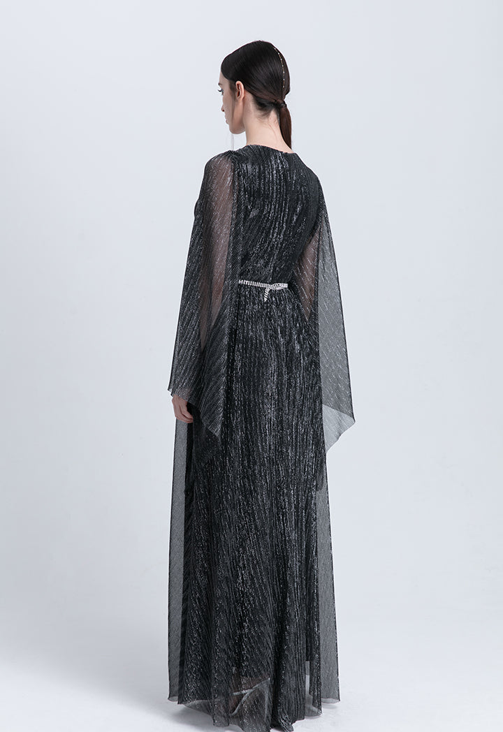 Choice Shirred Waist Angel Sleeve Lurex Maxi Dress Black