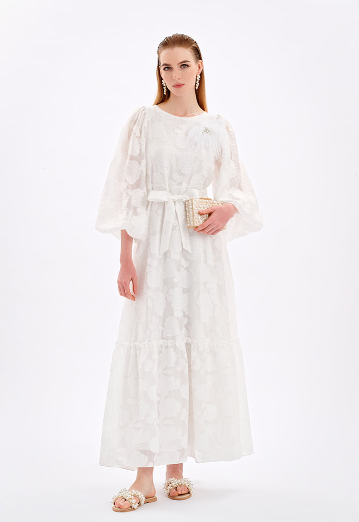 Choice Textured Rose Print Maxi Dress-Ramadan Style Off White