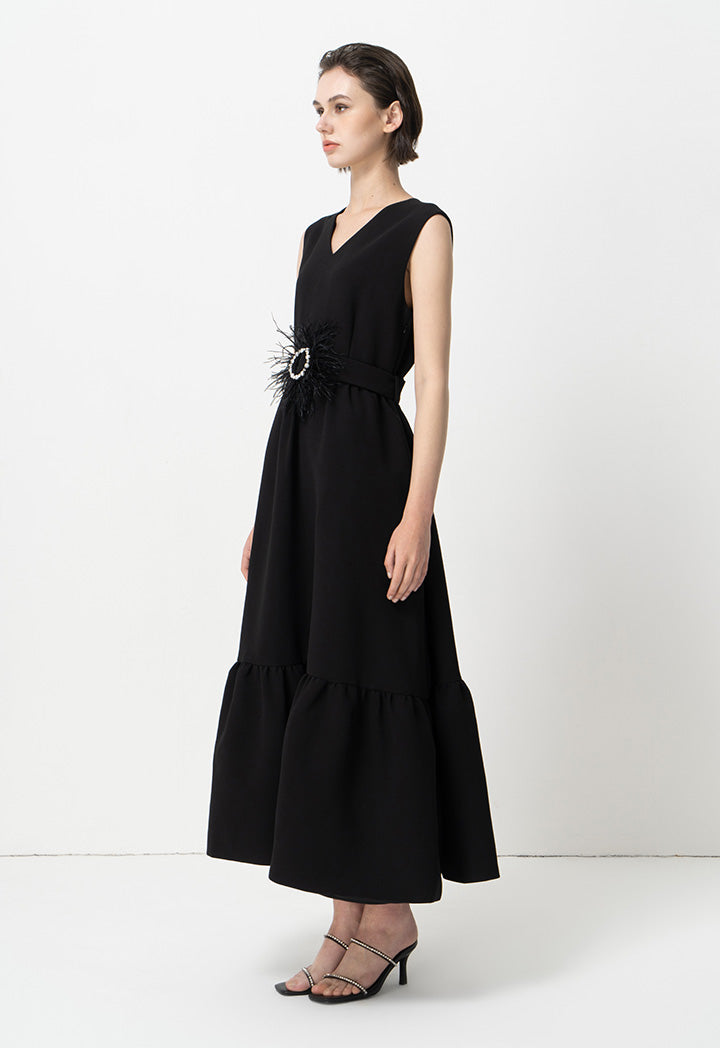 Choice Solid Sleeveless Maxi Party Dress With Crystal Embellished Belt Black