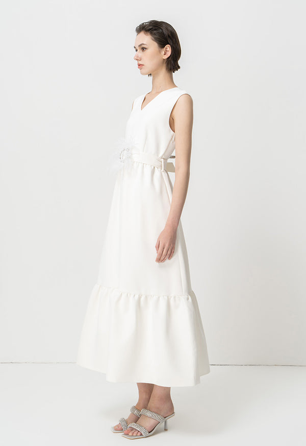 Choice Solid Sleeveless Maxi Party Dress With Crystal Embellished Belt Offwhite