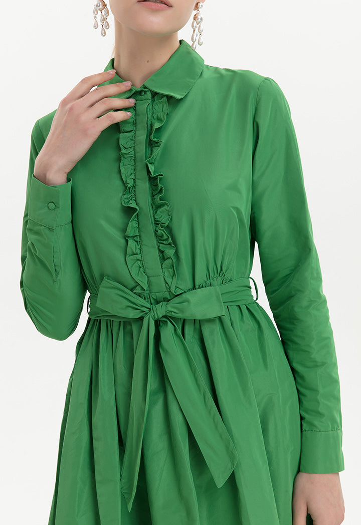 Choice Sleeved Ruffled With Feathers Maxi Dress - Ramadan Style Green