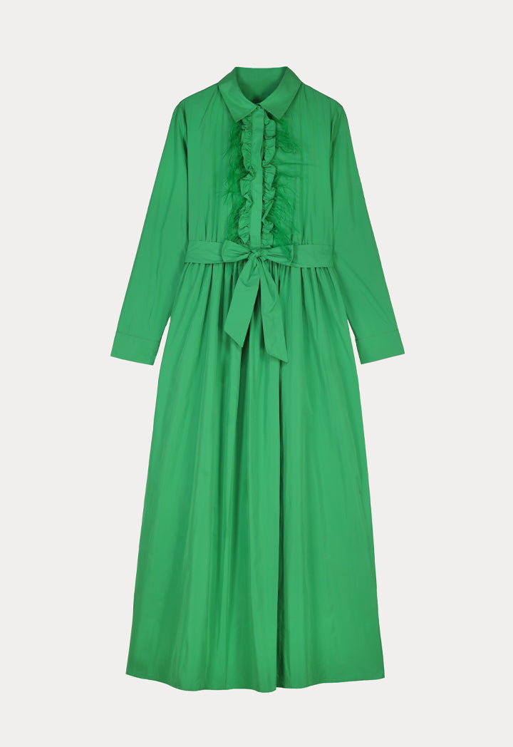 Choice Sleeved Ruffled With Feathers Maxi Dress - Ramadan Style Green