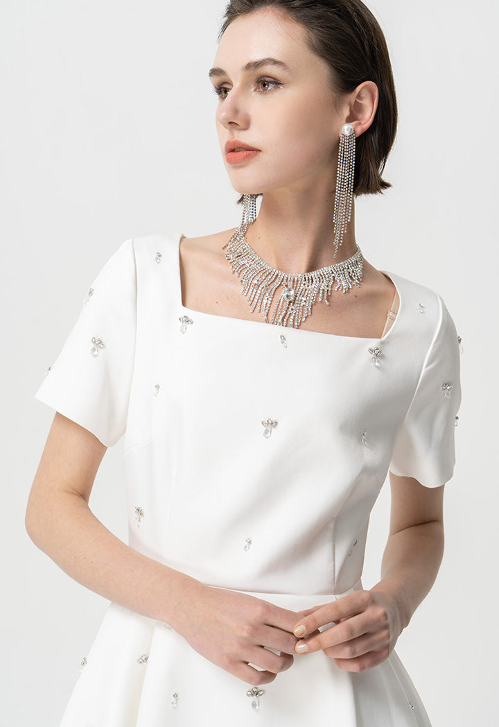 Choice Short Sleeves Embellished Midi Dress Offwhite