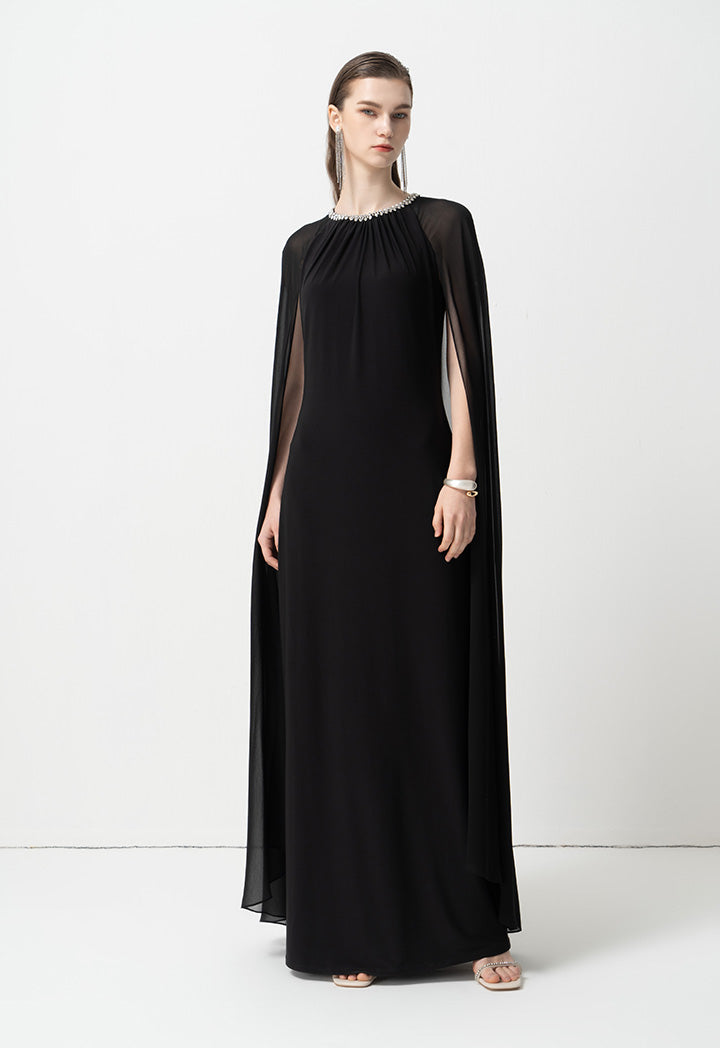 Choice Round Neck Embellished Rhinestone Maxi Dress Black
