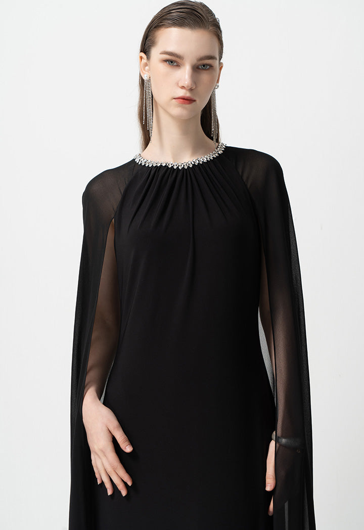 Choice Round Neck Embellished Rhinestone Maxi Dress Black