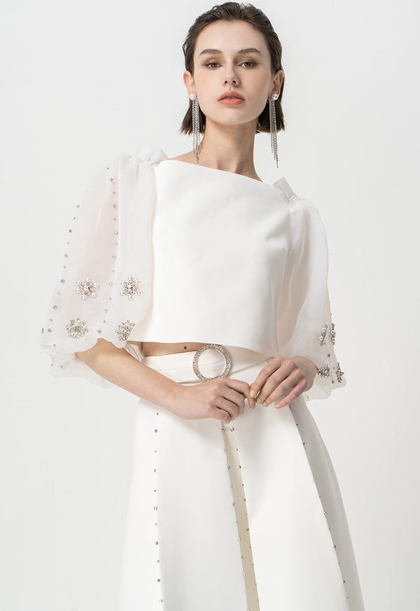 Choice Crystal Embellished Off Shoulder Crop Party Blouse  Offwhite