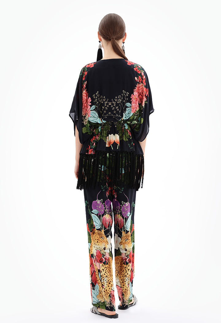 Choice Floral Print Blouse With Tassel Detail Black
