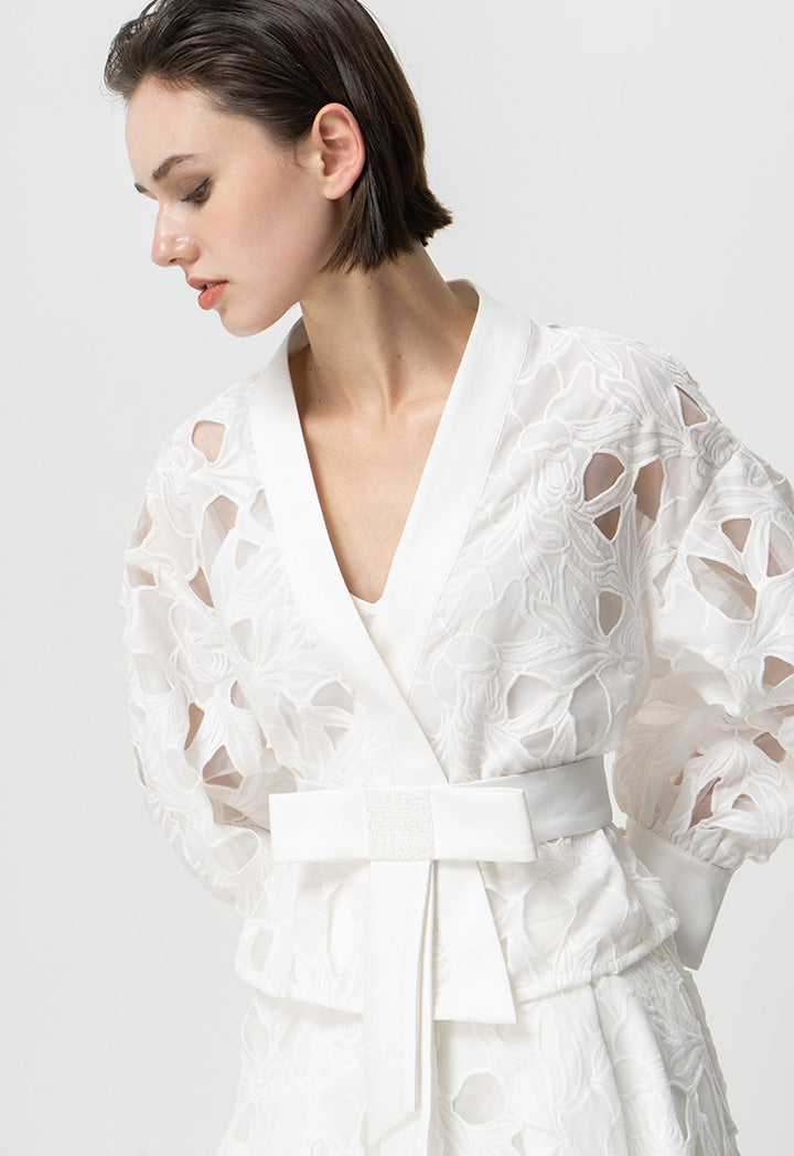 Choice Single Tone Organza Belted Blouse (2Pcs) Offwhite