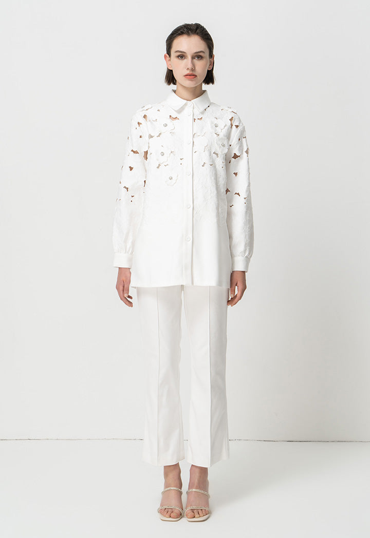 Choice Solid Long Sleeves Embellished Rhinestone Shirt Offwhite