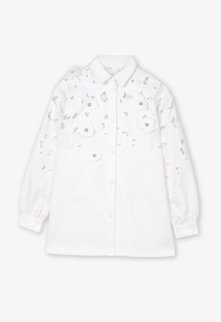 Choice Solid Long Sleeves Embellished Rhinestone Shirt Offwhite