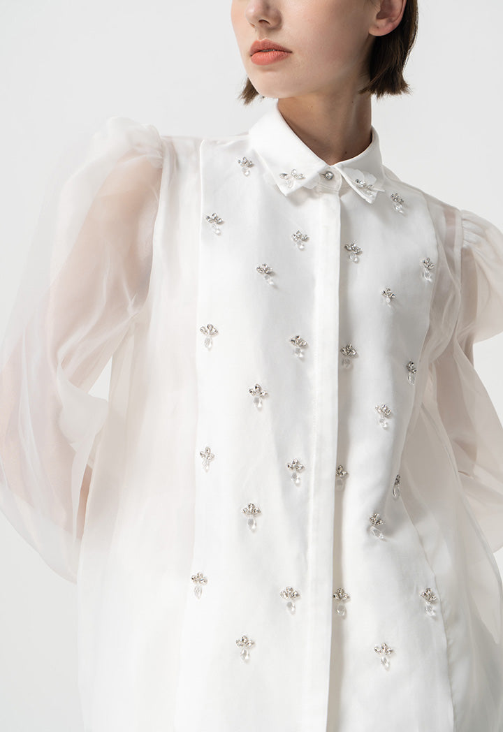 Choice Embellished Crystal Organza Shirt Offwhite
