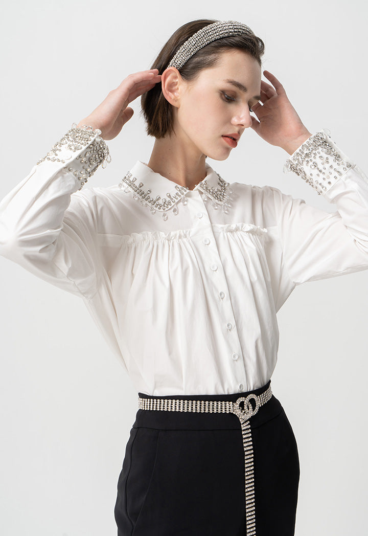 Choice Embellished Crystal Faux Pearl Shirt Offwhite