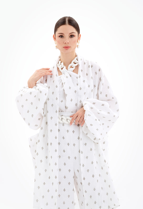 Choice Open Front Printed Cardigan With Chunky Belt-Ramadan Style Off White