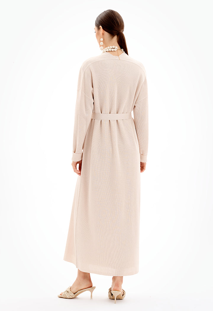 Choice Solid Open Knitted Cardigan With Belt Cream-Off White