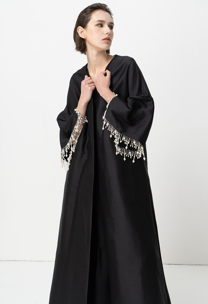 Choice Pearl Detailed Open Front Maxi Abaya With Self Tie Belt Black