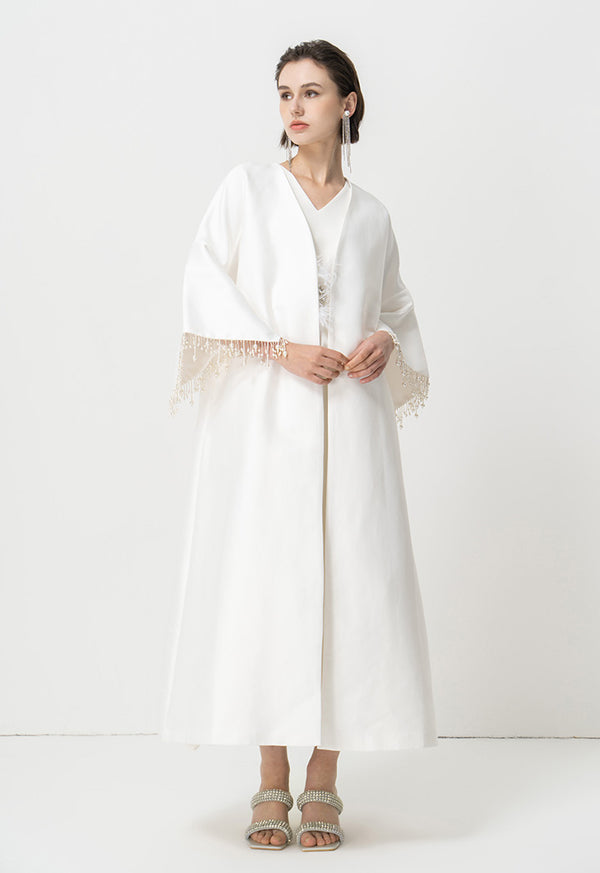 Choice Pearl Detailed Open Front Maxi Abaya With Self Tie Belt Offwhite