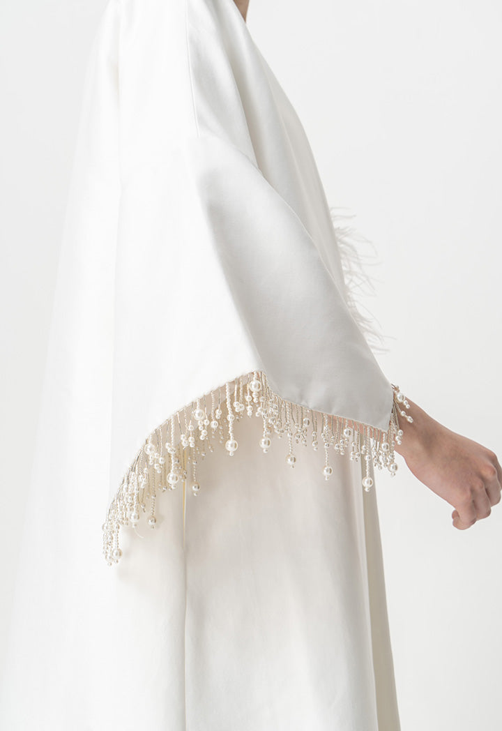 Choice Pearl Detailed Open Front Maxi Abaya With Self Tie Belt Offwhite