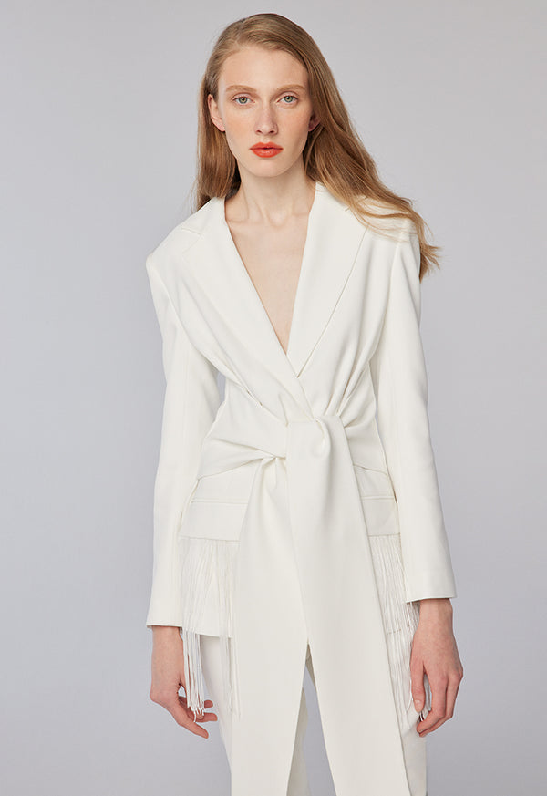 Choice Twisted Front Fringed Blazer Off White