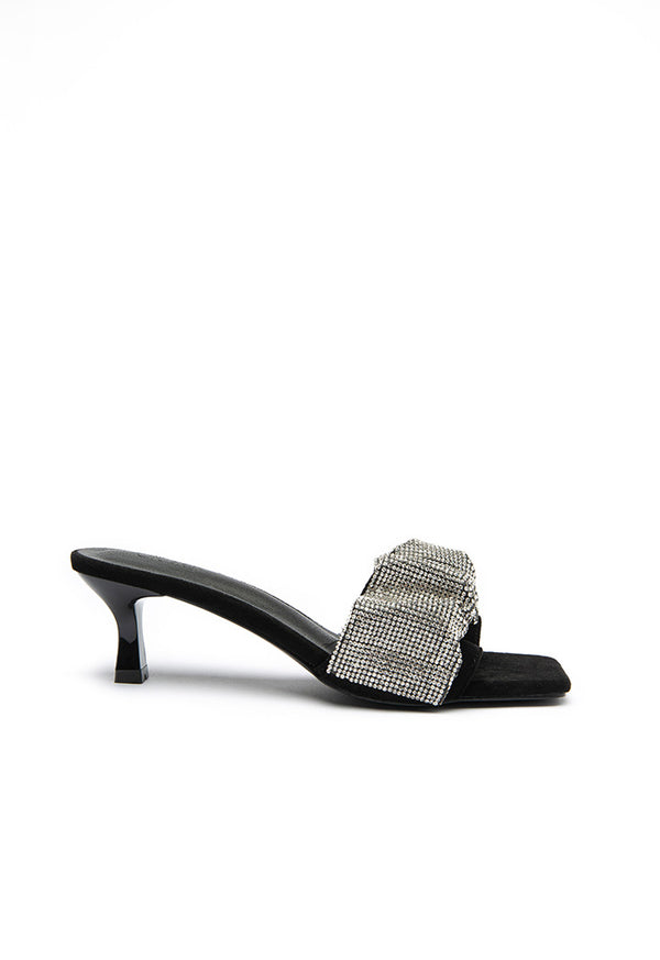 Choice Studded Rhinestones Ruched Vamp Slides Sandals Black - Silver