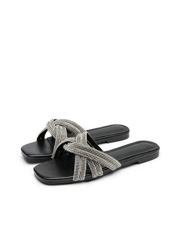 Choice Rhinestones Crisscross Vamp Slides Sandals Silver/Black