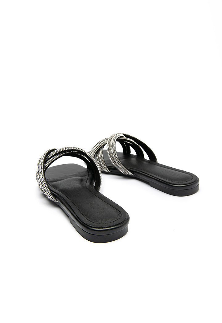 Choice Rhinestones Crisscross Vamp Slides Sandals Silver/Black
