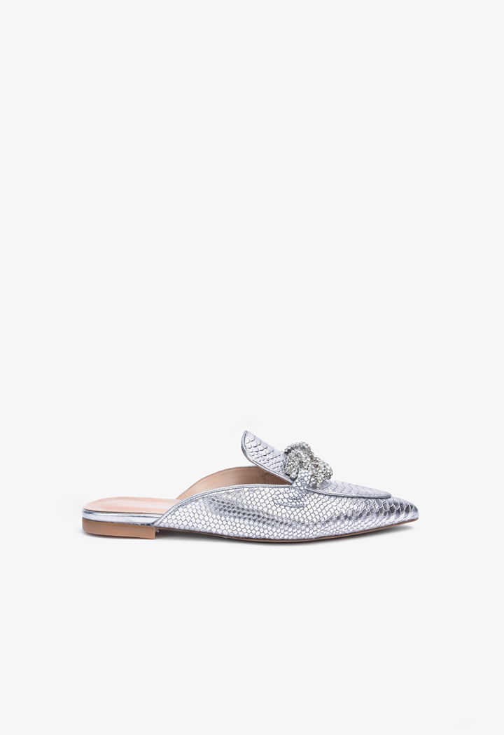 Choice Embellished Snake Textured Leather Mules Silver