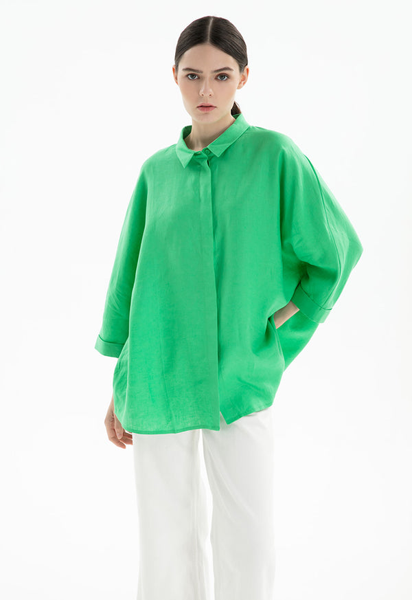 Choice Collared Concealed Buttons Oversized Shirt Green