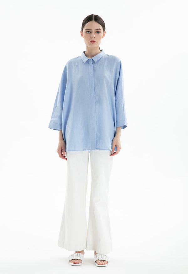 Choice Collared Concealed Buttons Oversized Shirt Blue