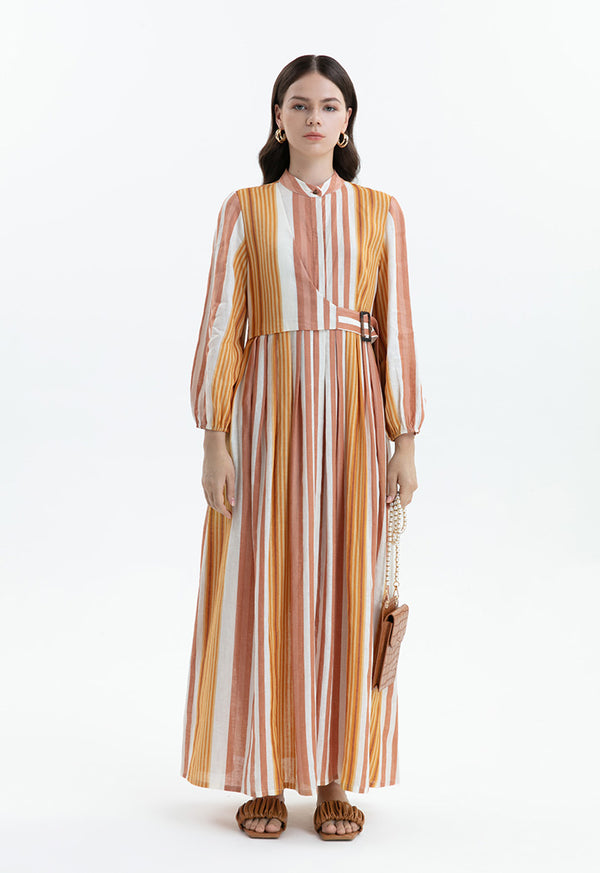 Choice Striped Belt Detail Dress Multi Color