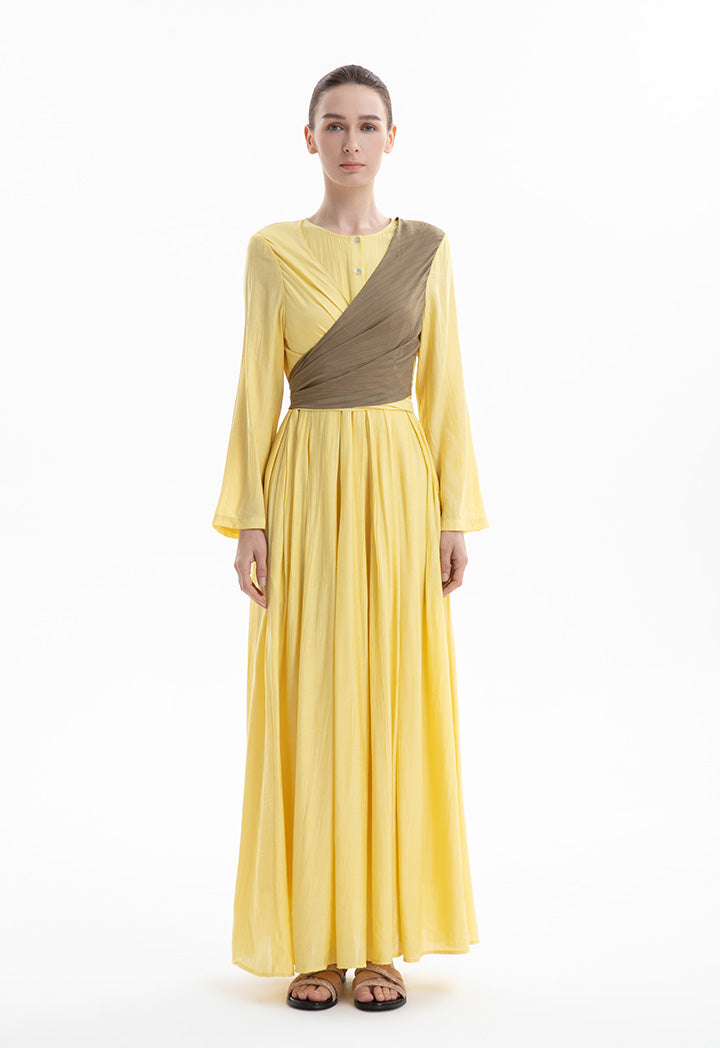 Choice Textured Maxi Dress with Long Sleeves Yellow