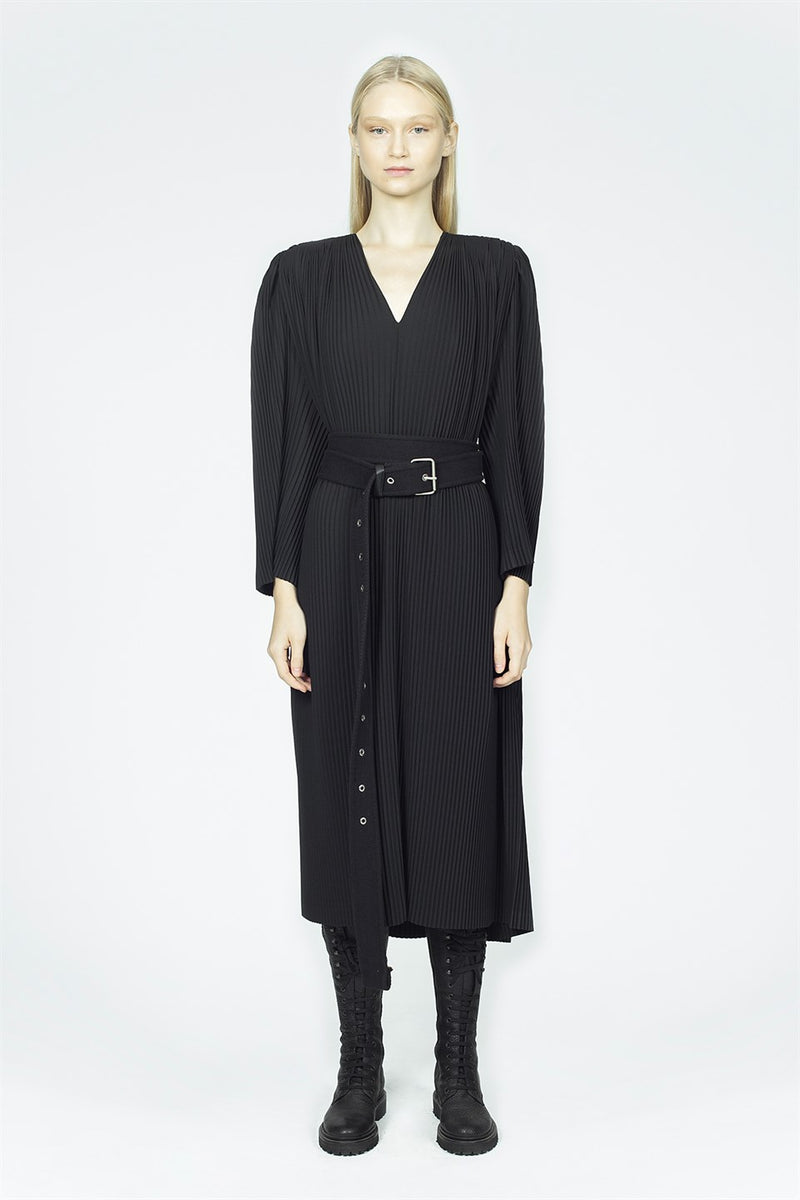 Nu Long Sleeve Pleated Midi Dress Black