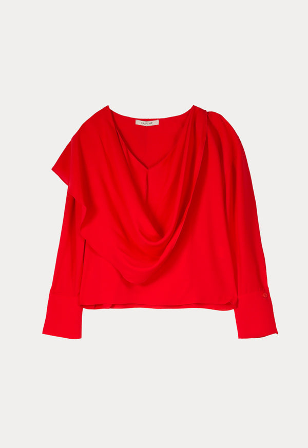 Kameya Long Sleeve Drape Collar Relaxed Fit Blouse Red