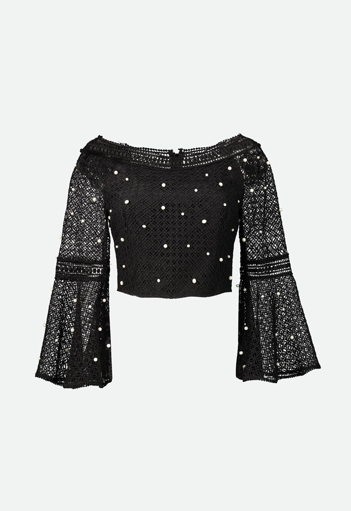 Choice Pearl Studded Cropped Top  Black