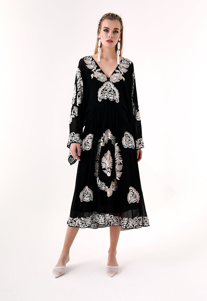 Choice Embroidered Kaftan Midi Dress Black - Wardrobe Fashion