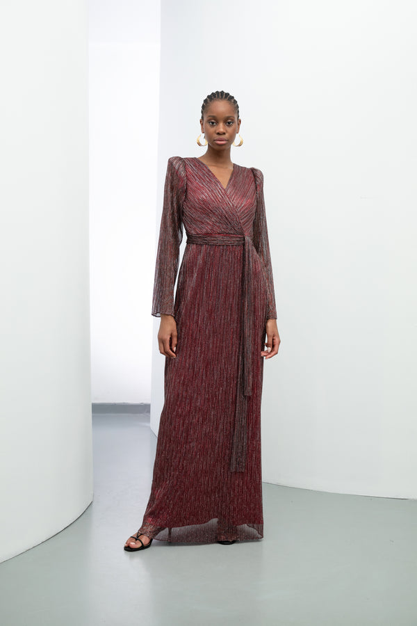 Baqa Pleated V-Neck Tulle Dress Red
