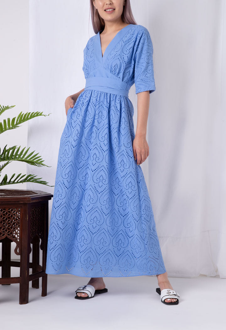 Choice V-Neck Schiffli Long Dress Blue - Wardrobe Fashion