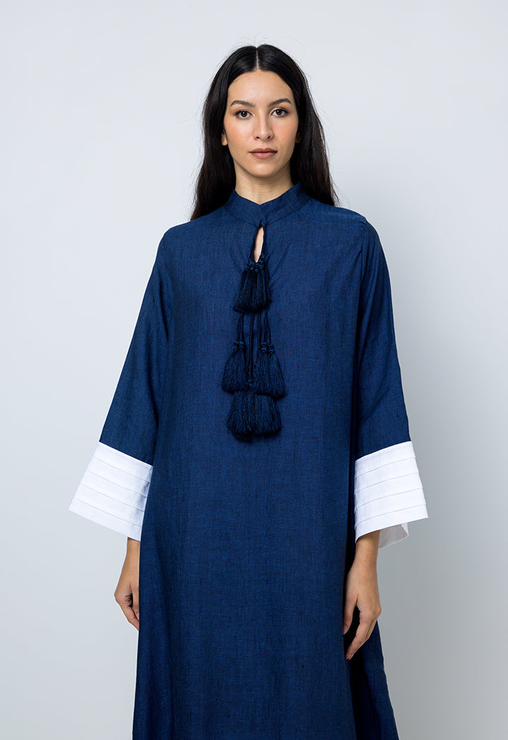 Choice Contrast Color Dress With Tassel Blue
