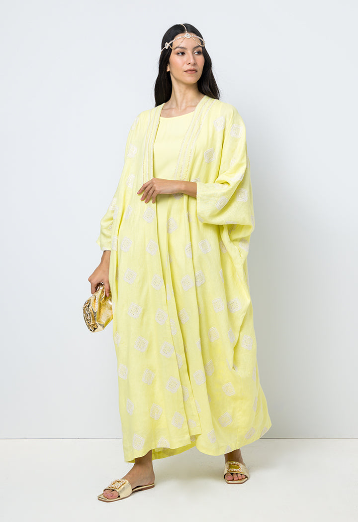 Choice Embroidered Sequins Kimono Sleeves Abaya Yellow