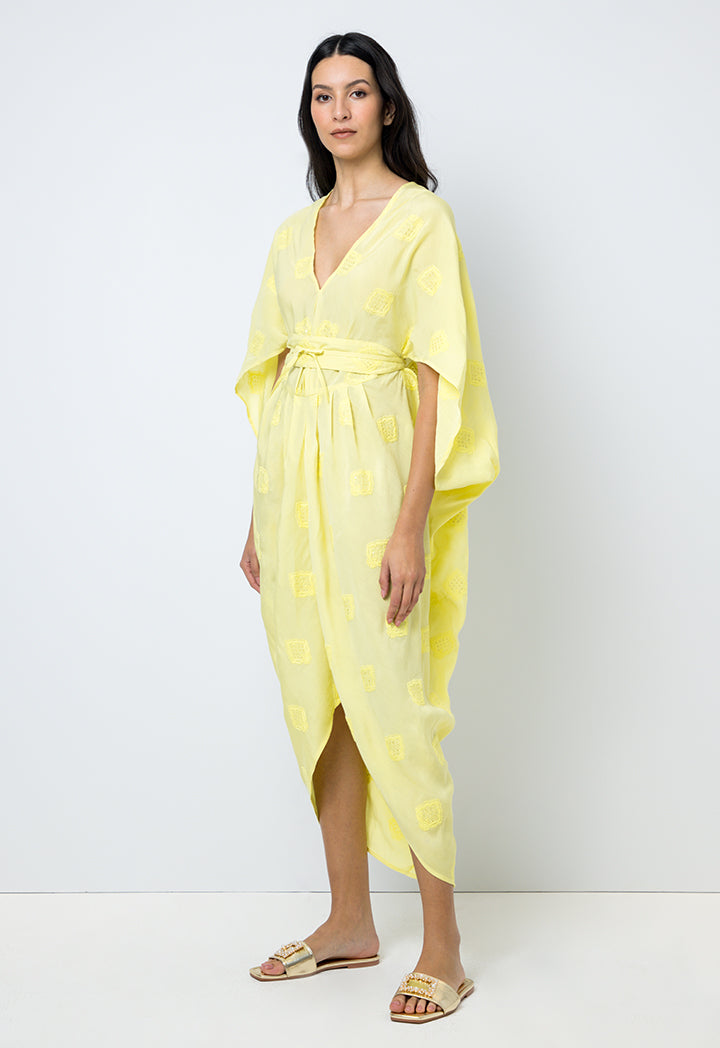 Choice Embroidered Sequins Short Sleeves Kaftan Yellow